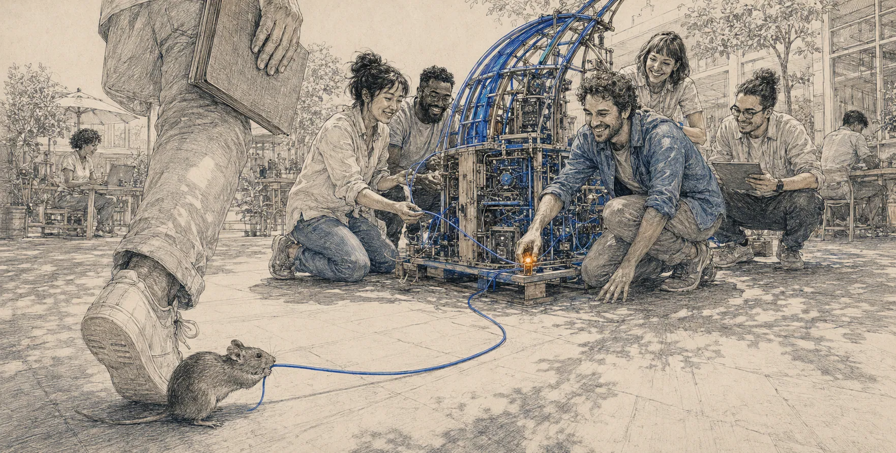 Participants assemble a prototype under a dome together while a mouse pulls a blue thread