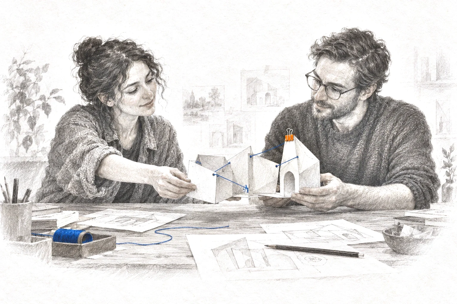 Two participants assemble a paper model together, joining its parts with a blue thread